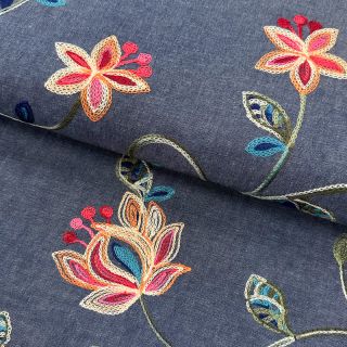 Țesătură din bumbac JEANS EMBROIDERY Meadow border indigo