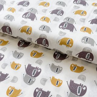 Țesătură din bumbac Elephants Snoozy ochre