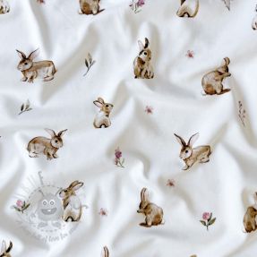 Tricot Rabbits and flowers white digital print