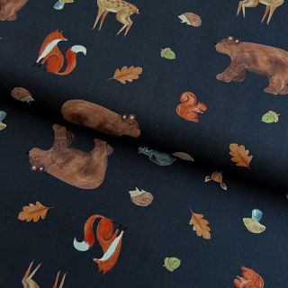 Țesătură din bumbac Animals in the wood navy digital print