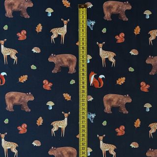 Țesătură din bumbac Animals in the wood navy digital print