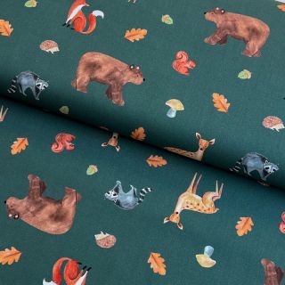 Țesătură din bumbac Animals in the wood dark green digital print