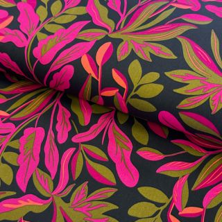 Țesătură din bumbac SATIN NERIDA HANSEN Lush leaves jet black digital print