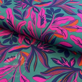 Țesătură din bumbac SATIN NERIDA HANSEN Lush leaves petrol digital print