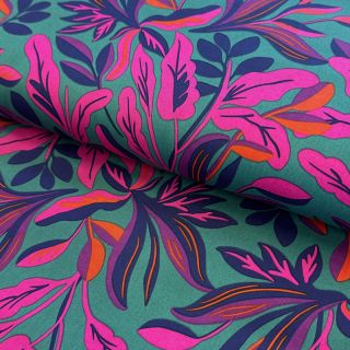 Țesătură din bumbac SATIN NERIDA HANSEN Lush leaves petrol digital print