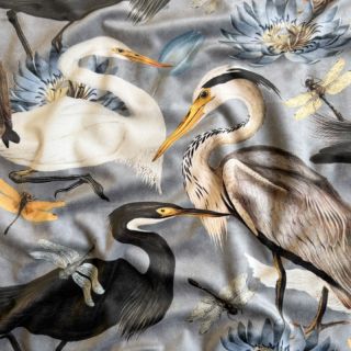 Țesătură decorativă VELVET Heron bird steel grey