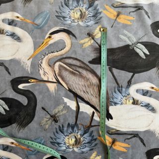 Țesătură decorativă VELVET Heron bird steel grey