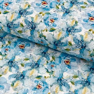 Țesătură din bumbac EMBROIDERY Peony roses blue digital print